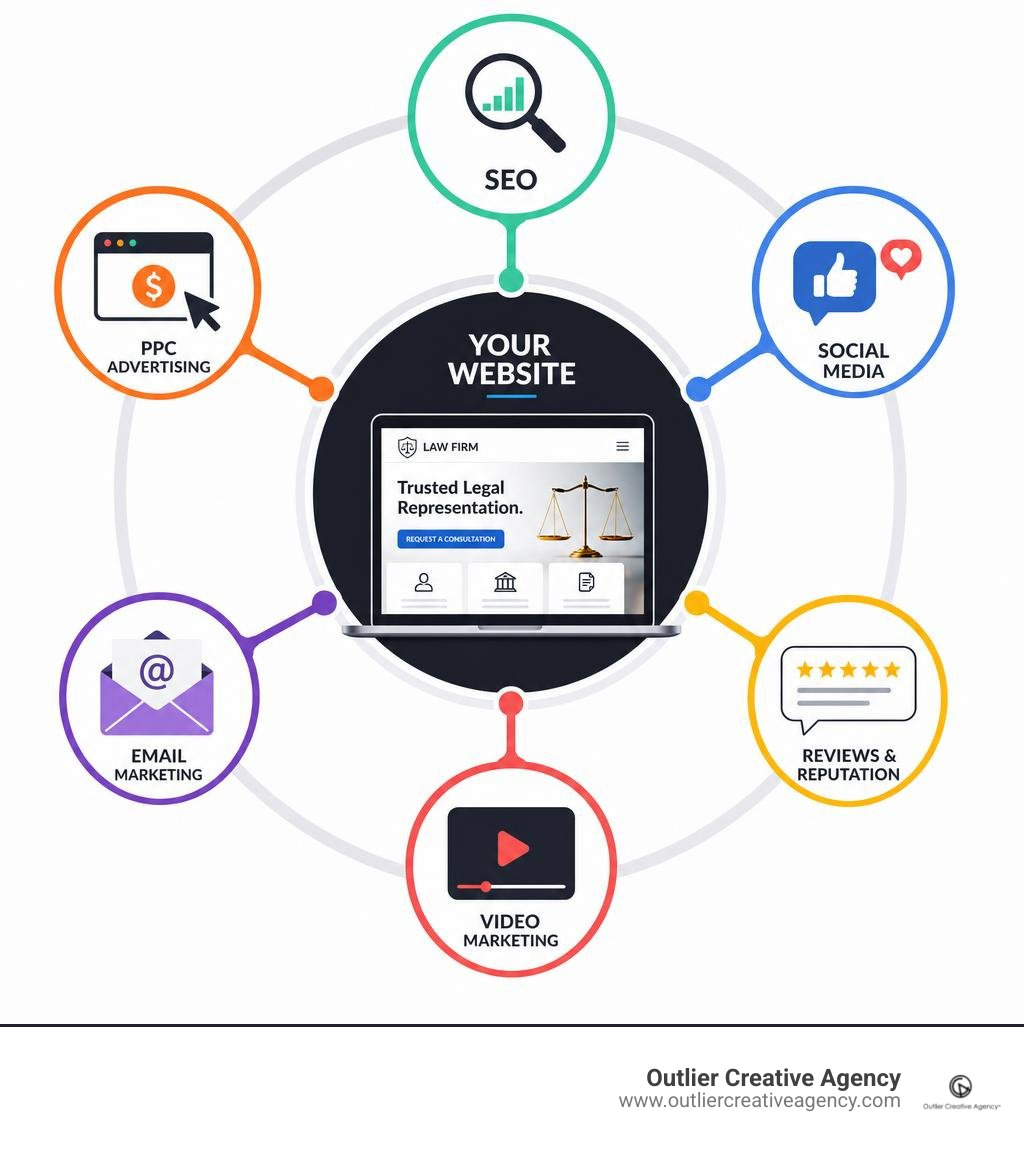 Hub-and-spoke model of law firm digital marketing showing website as center with SEO, PPC, social, email, video, and reviews