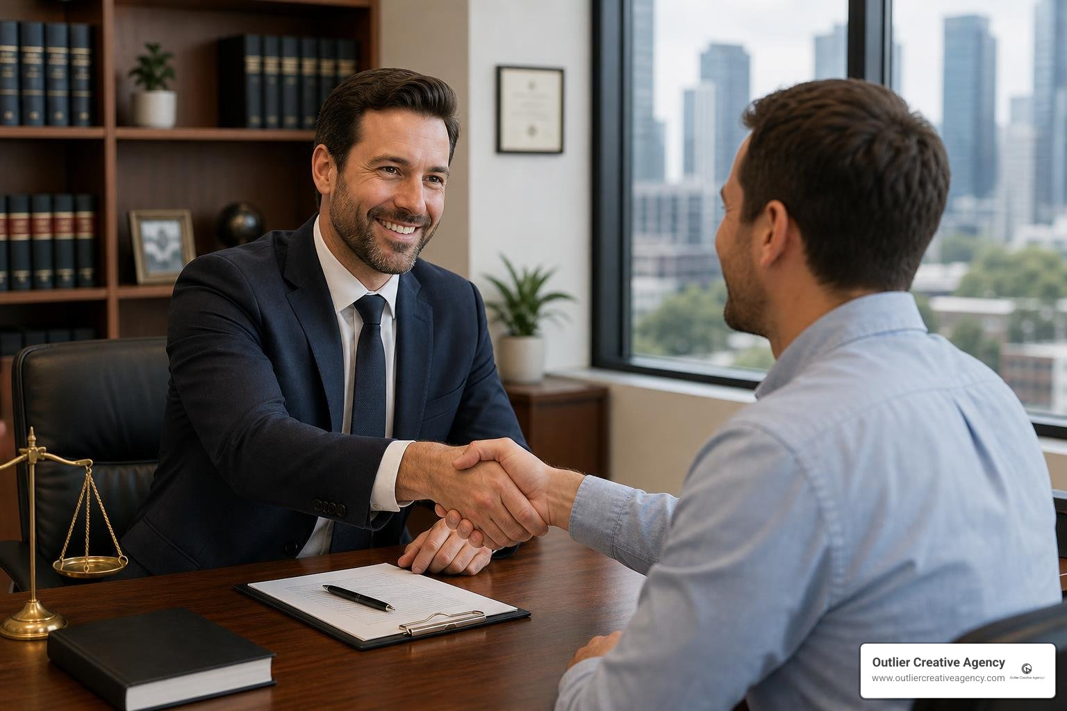 Successful attorney shaking hands with a new client in a modern office