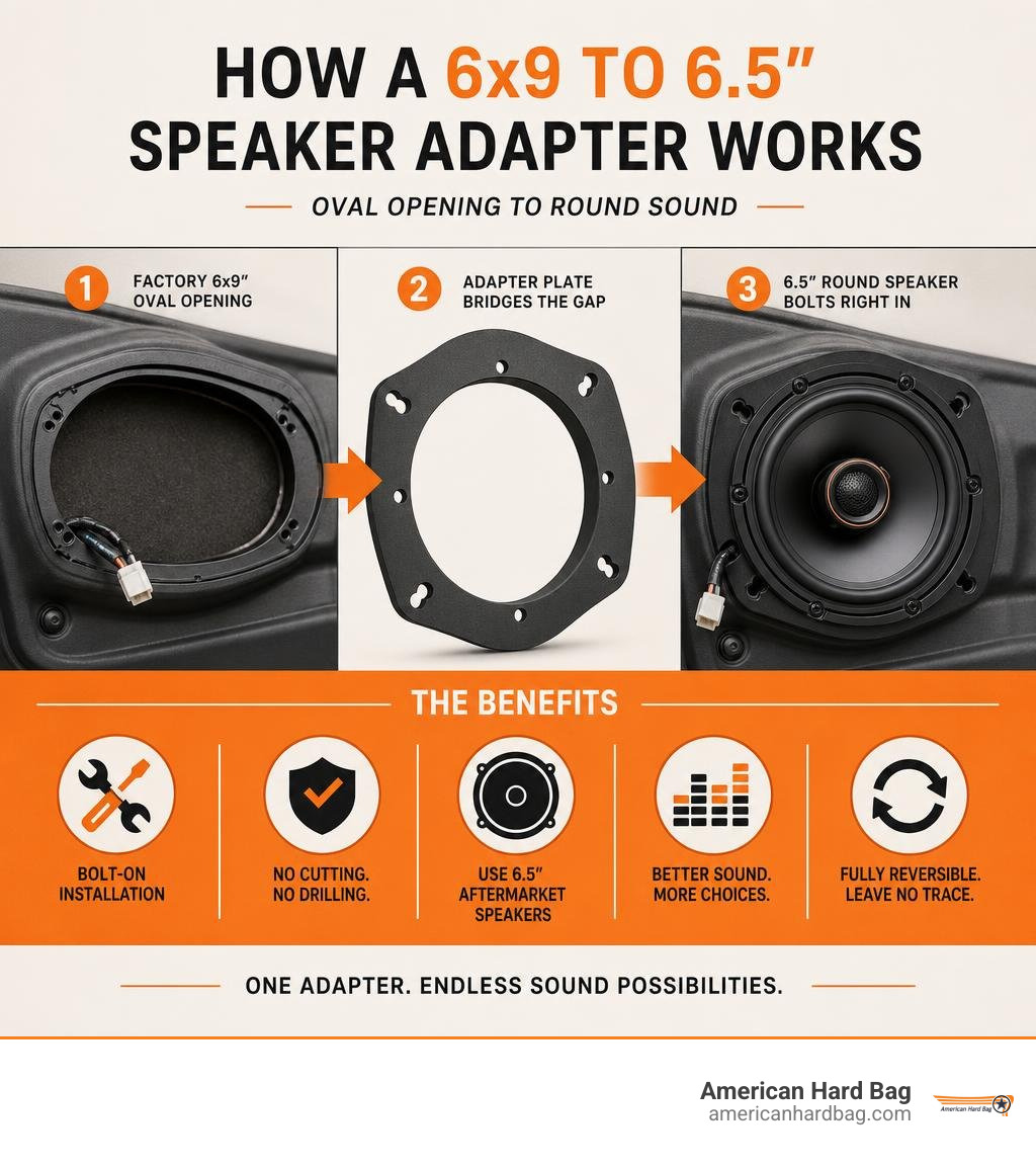 How a 6x9 to 6.5 inch speaker adapter converts oval factory openings to round aftermarket speakers infographic