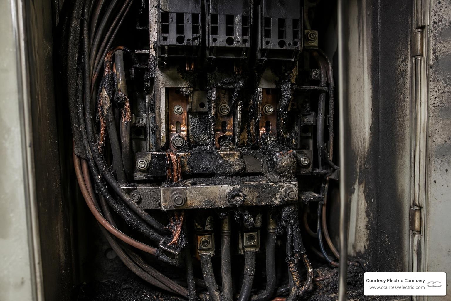 scorched and melted electrical panel bus bars showing severe thermal damage