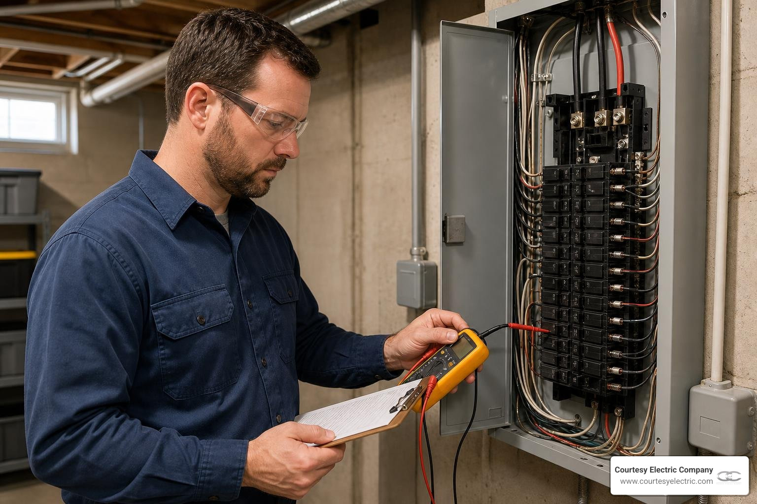 an experienced electrician performing a professional load calculation on a residential electrical panel an experienced electrician performing a professional load calculation on a residential electrical panel