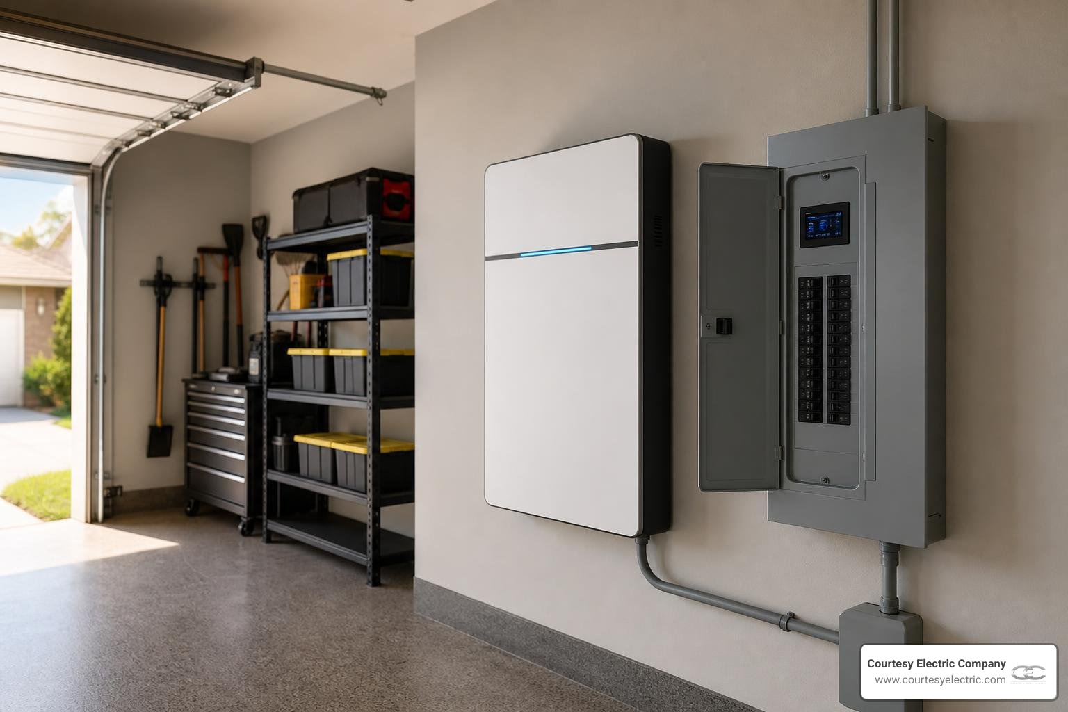 modern smart electrical panel installed next to a home battery storage system in a garage modern smart electrical panel installed next to a home battery storage system in a garage