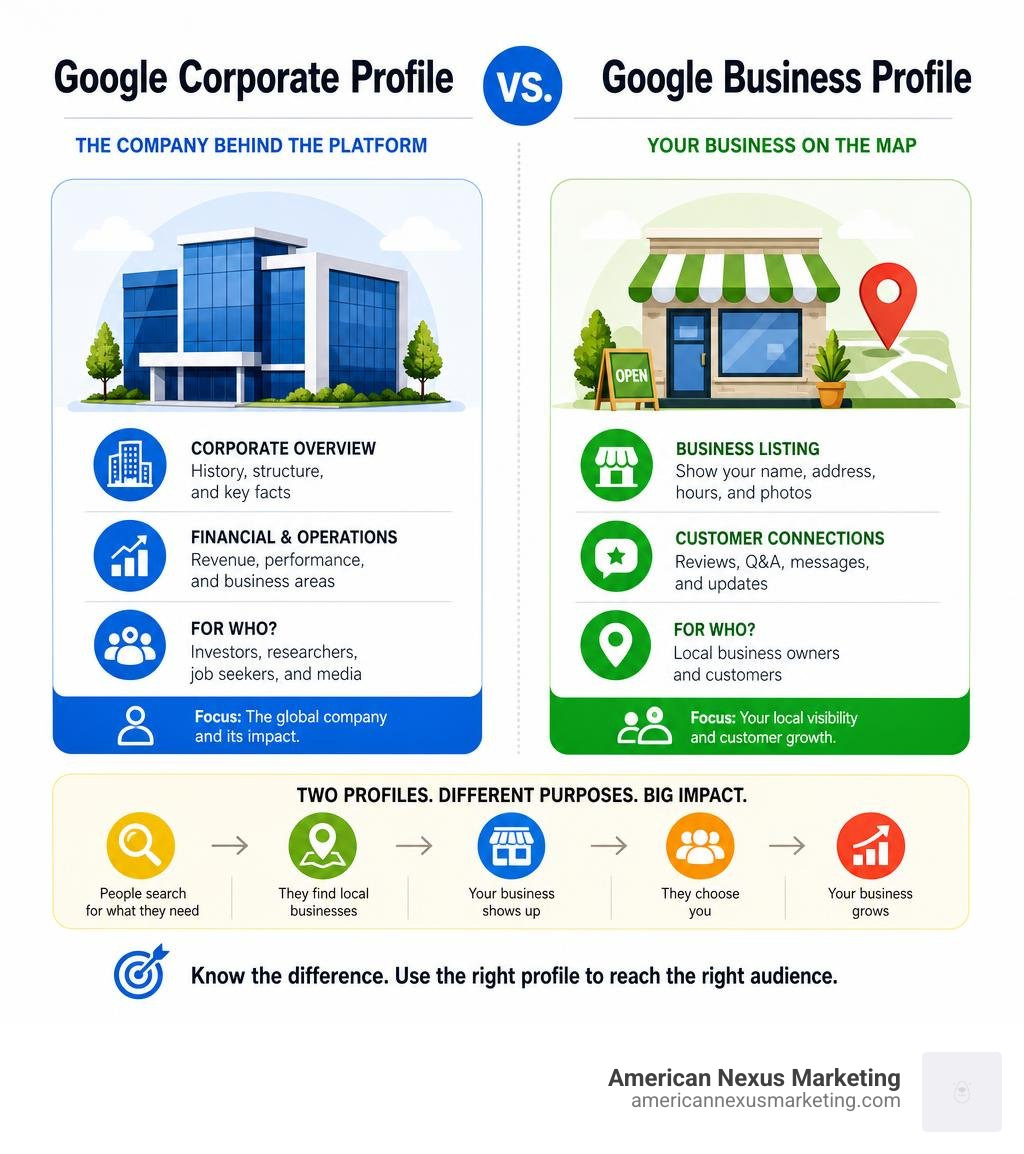 Infographic comparing Google corporate profile vs Google Business Profile for local businesses infographic