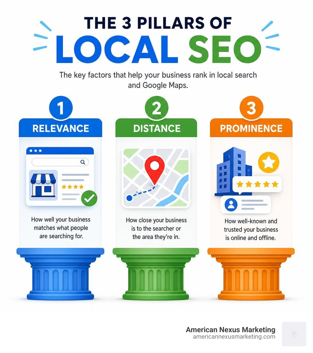 Infographic showing the 3 pillars of local SEO: Relevance, Distance, and Prominence with icons and brief descriptions Infographic showing the 3 pillars of local SEO: Relevance, Distance, and Prominence with icons and brief descriptions