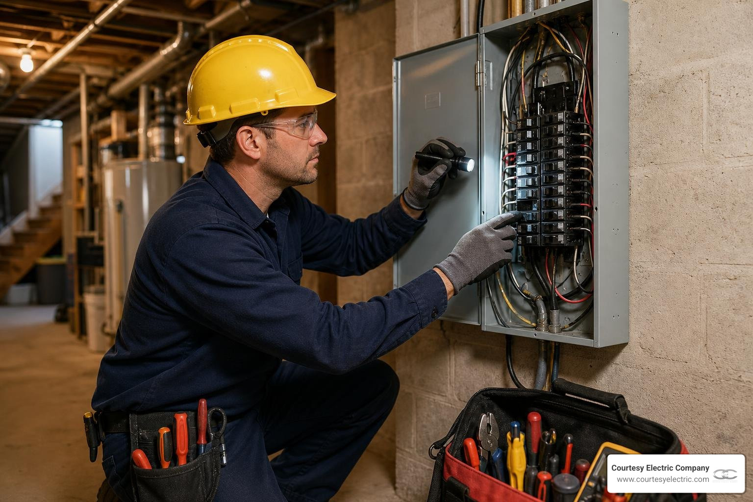 professional electrician inspecting a home electrical panel professional electrician inspecting a home electrical panel