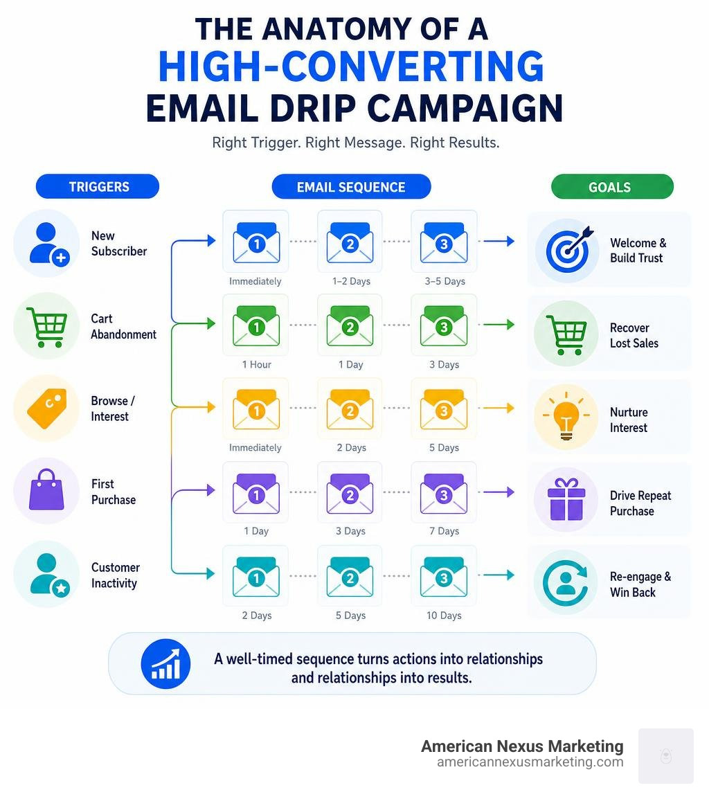 anatomy of a high-converting email drip campaign sequence with triggers, emails, and goals infographic