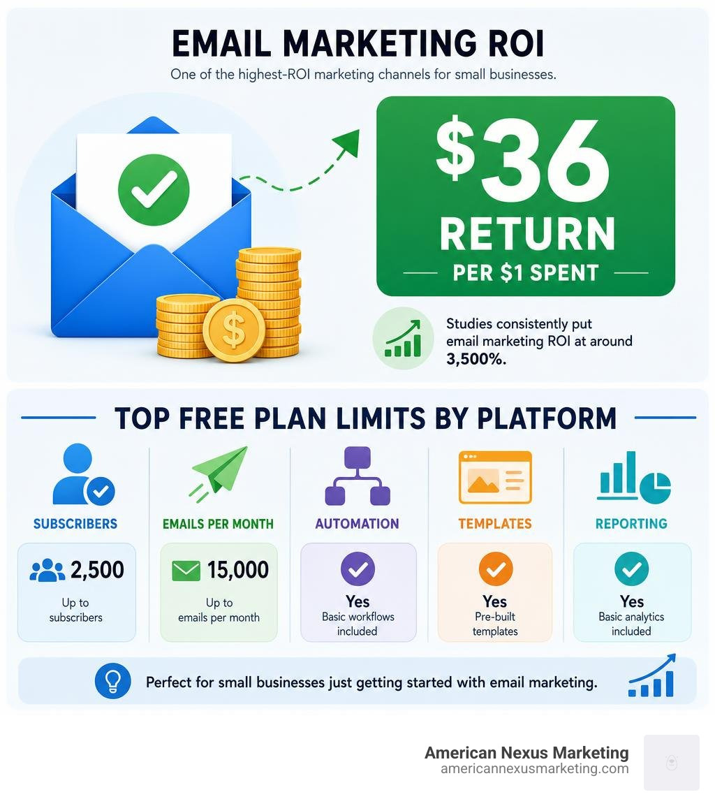 email marketing ROI infographic showing $36 return per $1 spent and top free plan limits by platform infographic email marketing ROI infographic showing $36 return per $1 spent and top free plan limits by platform infographic