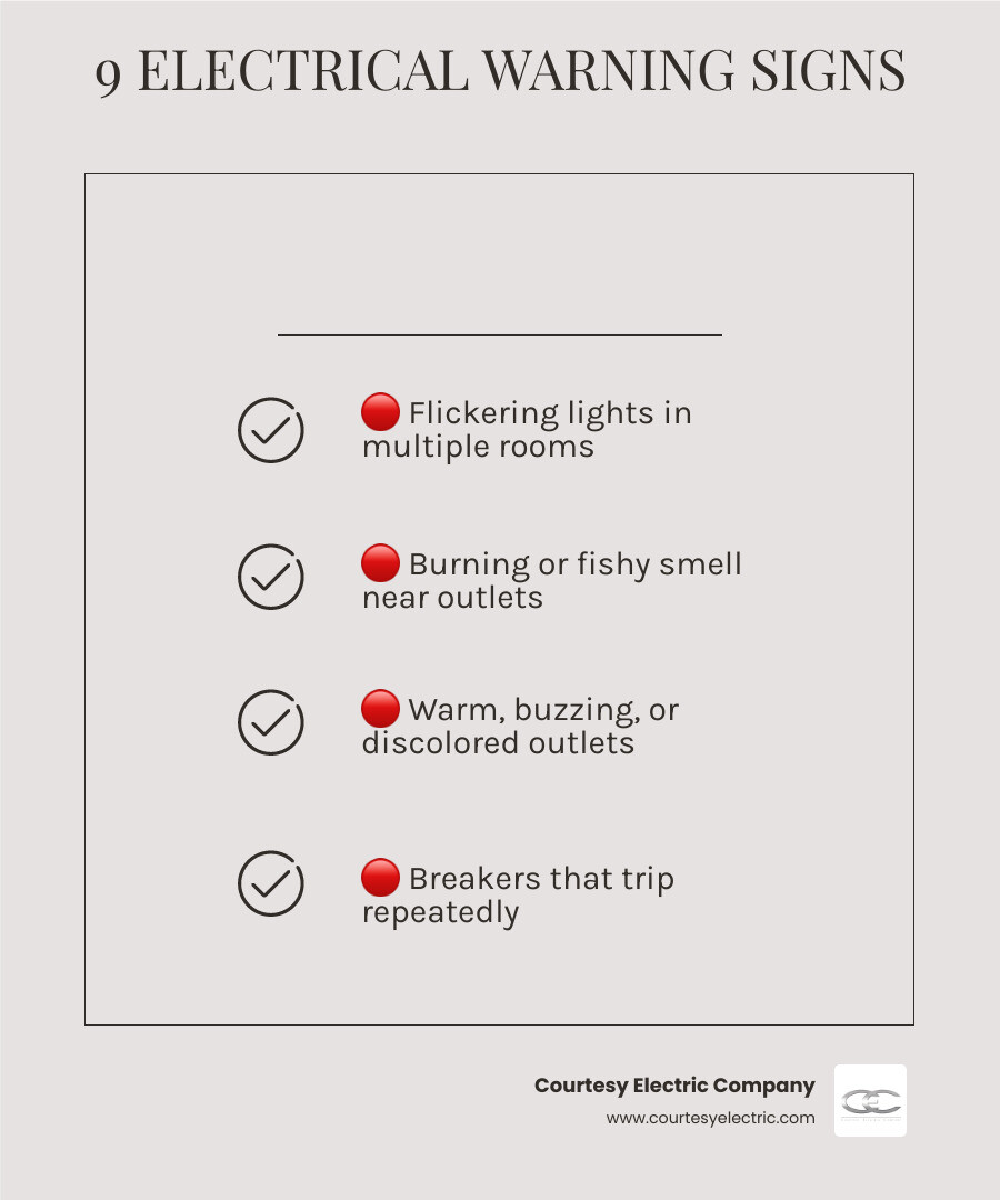 home electrical warning signs infographic showing 9 dangers like warm outlets and tripping breakers infographic