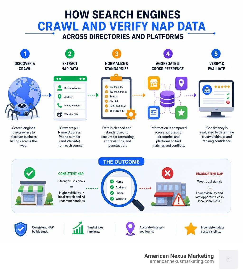How search engines crawl and verify NAP data across directories and platforms infographic How search engines crawl and verify NAP data across directories and platforms infographic