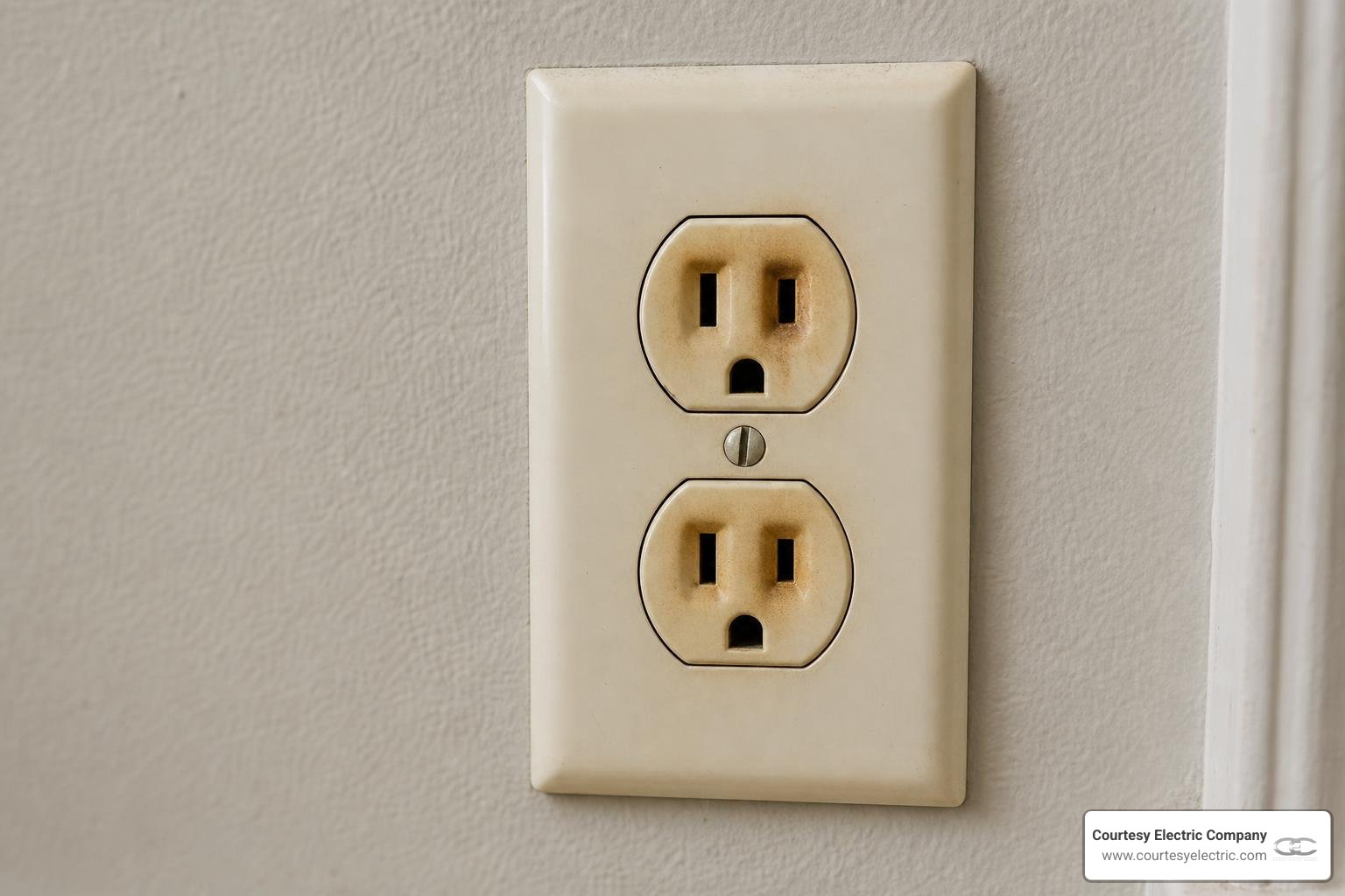 warm or discolored wall outlet showing heat damage