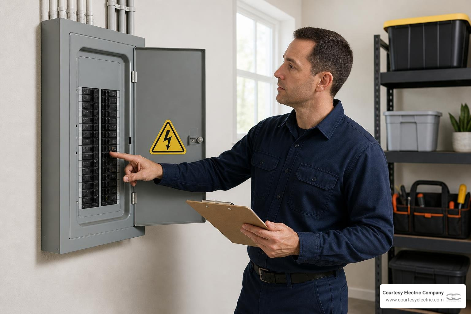 modern home electrical panel with warning signs and safety inspection