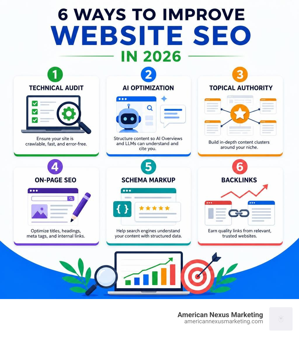 Six ways to improve website SEO in 2026: technical audit, AI optimization, topical authority, on-page SEO, schema markup