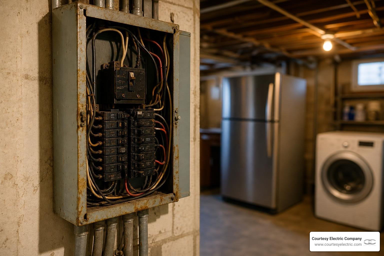 outdated electrical panel with modern appliances in background outdated electrical panel with modern appliances in background