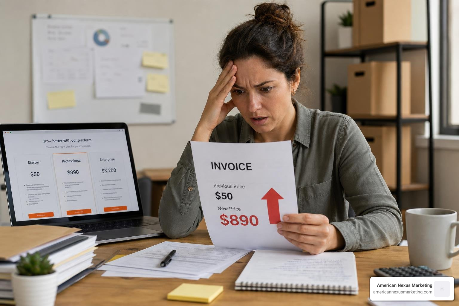 A business owner analyzing a high software invoice representing the HubSpot pricing cliff