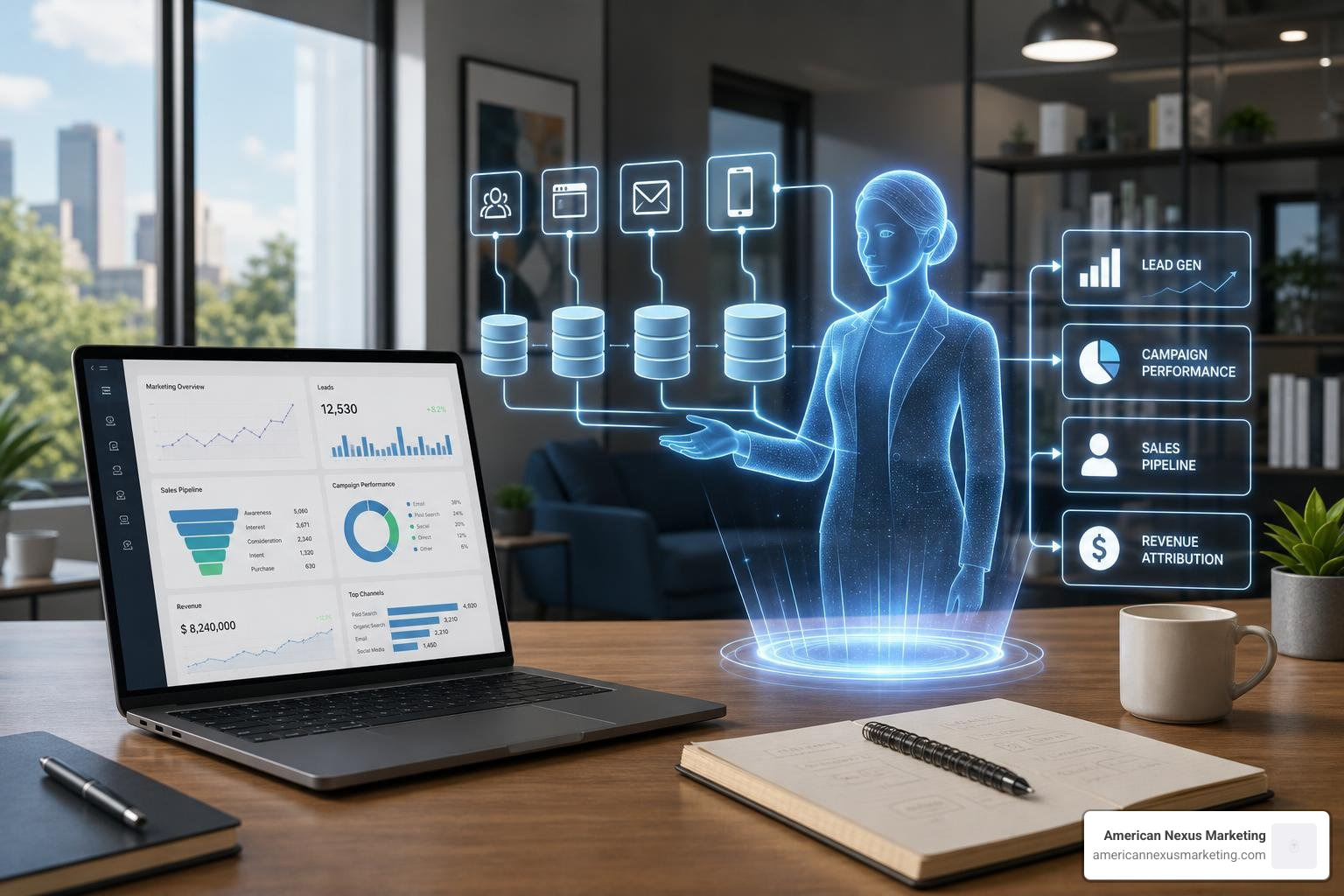 An AI assistant orchestrating business workflows across marketing and sales databases