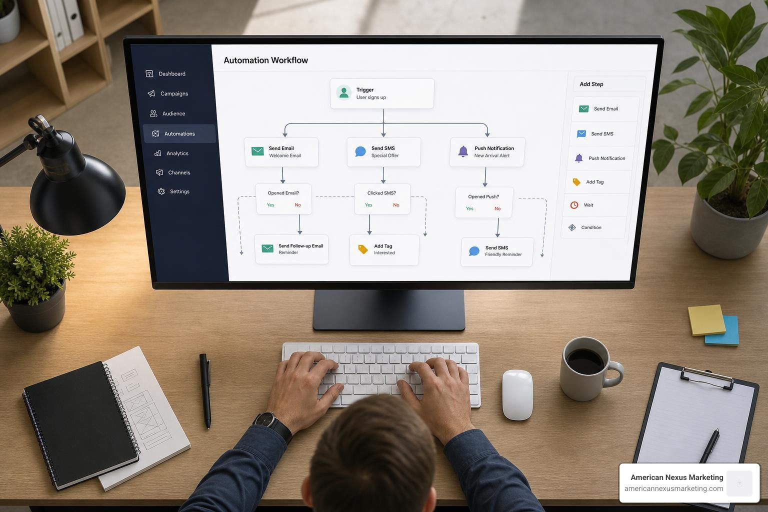 automated workflow builder mapping email SMS and push triggers
