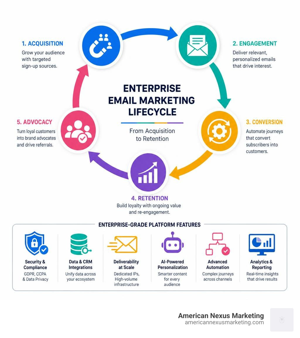 Enterprise email marketing lifecycle from acquisition to retention with platform features infographic