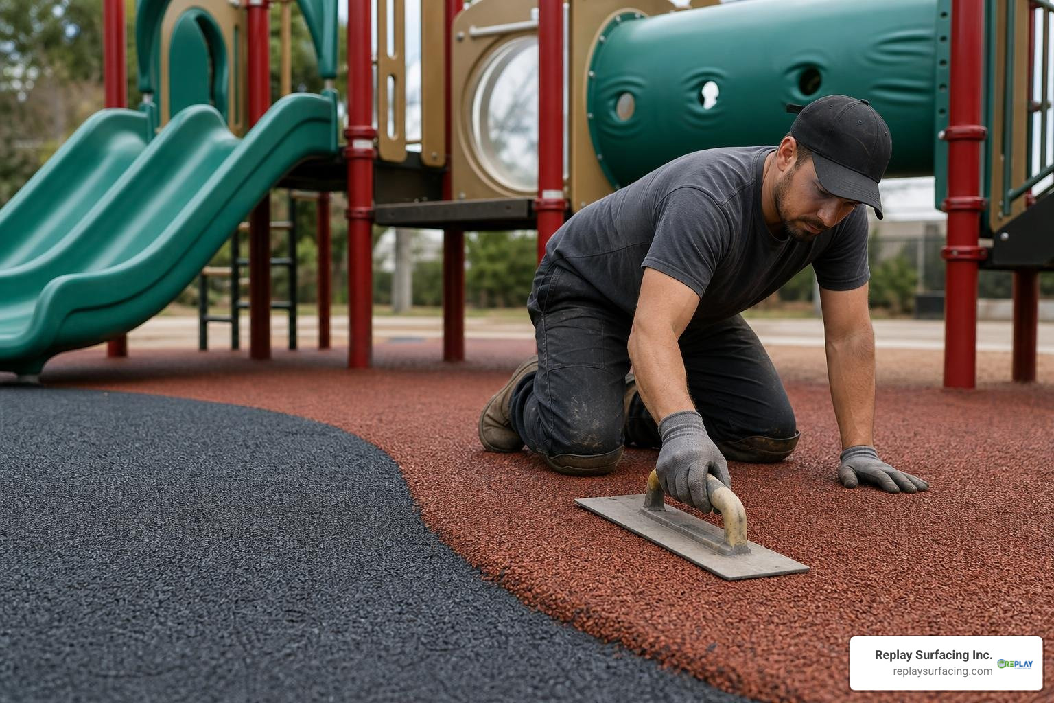 Troweling and leveling a poured-in-place rubber playground surface Troweling and leveling a poured-in-place rubber playground surface