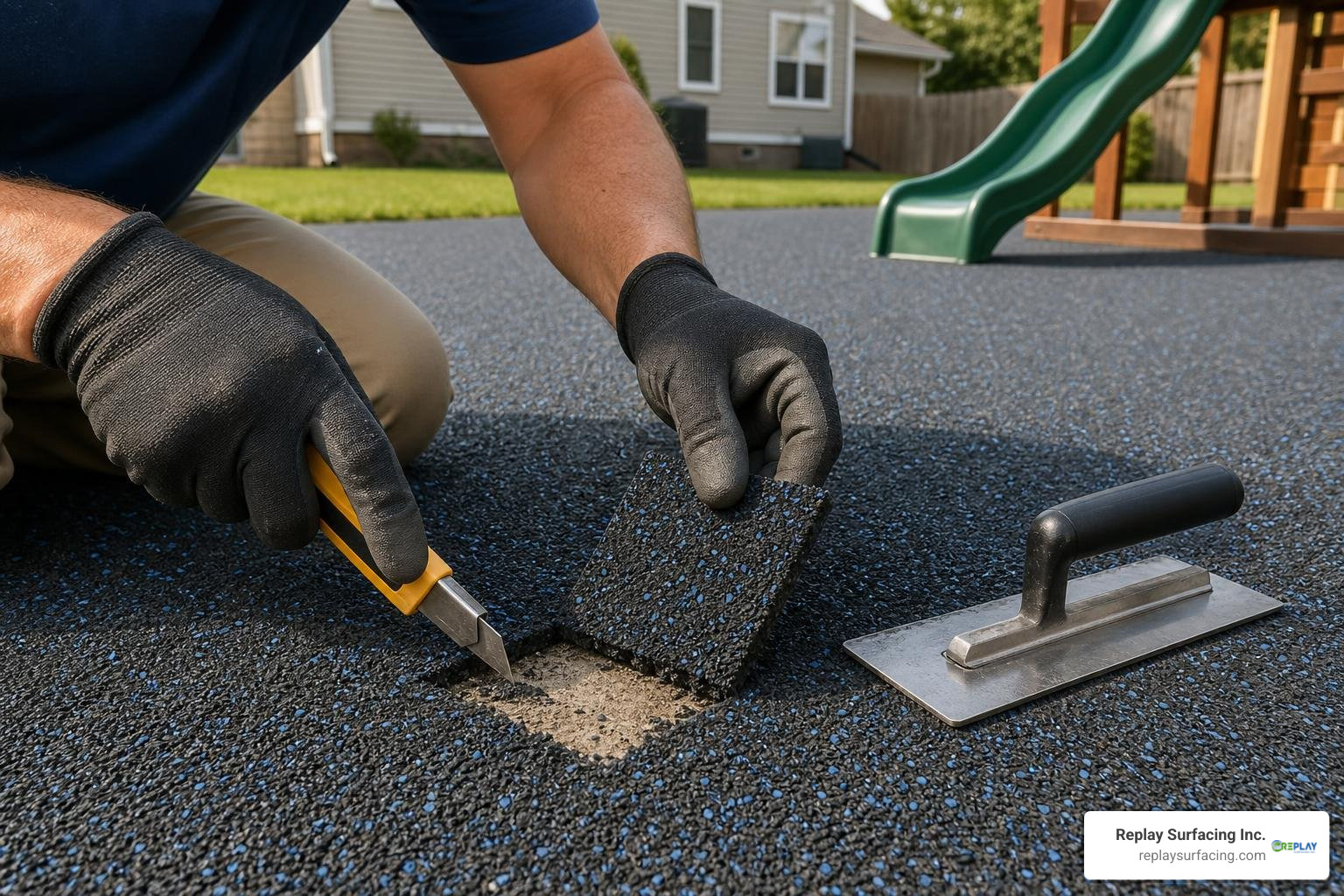 Applying a rubber patch kit to repair a small worn area on a playground surface Applying a rubber patch kit to repair a small worn area on a playground surface