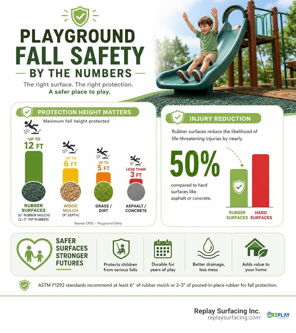 Playground fall safety statistics infographic showing rubber surface protection heights and injury reduction data infographic Playground fall safety statistics infographic showing rubber surface protection heights and injury reduction data infographic