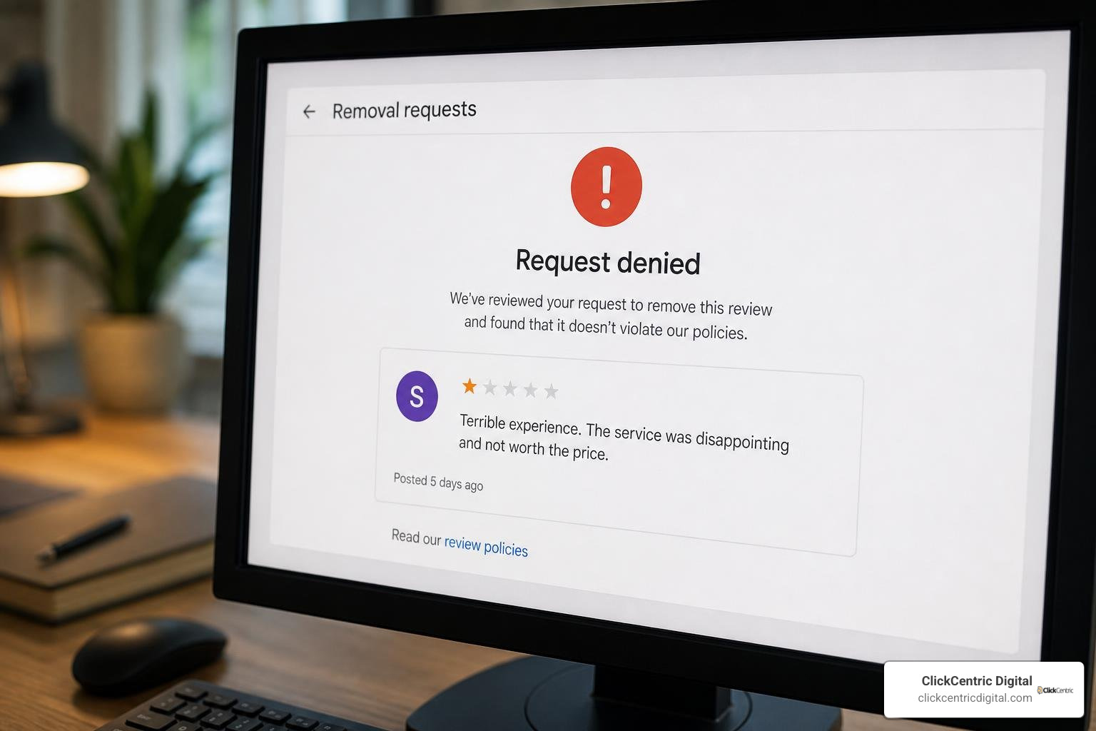 Illustration of a denied appeal notification screen with a red warning badge