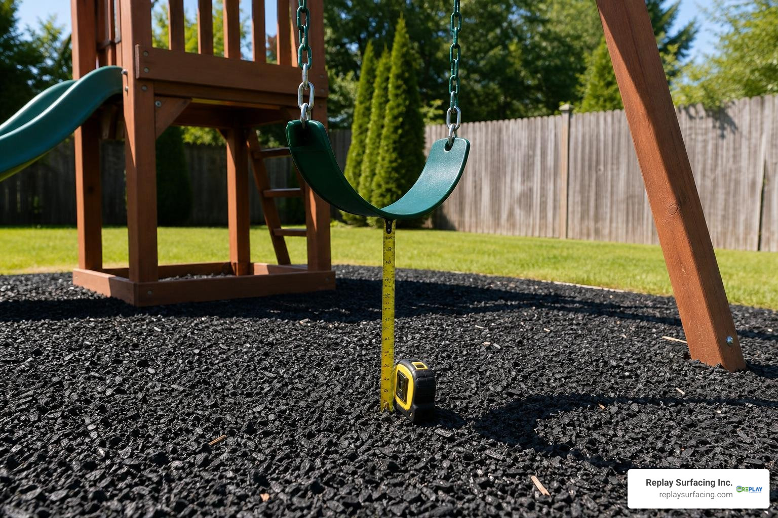 Measuring the depth of rubber mulch under a swing with a tape measure to ensure it meets the safety standard