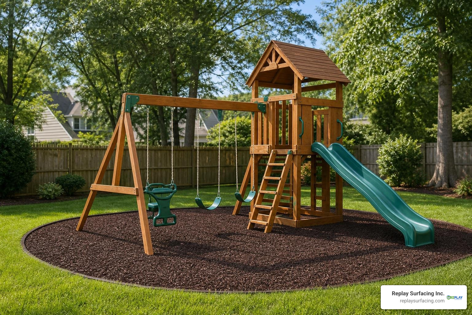A beautiful backyard swingset in Charlotte, NC, surrounded by a thick, protective layer of rich brown rubber mulch