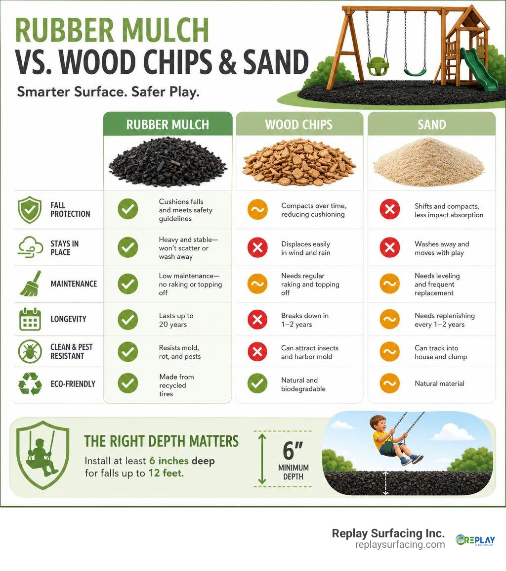 Infographic comparing rubber mulch vs. wood chips and sand for swingset fall safety and maintenance infographic