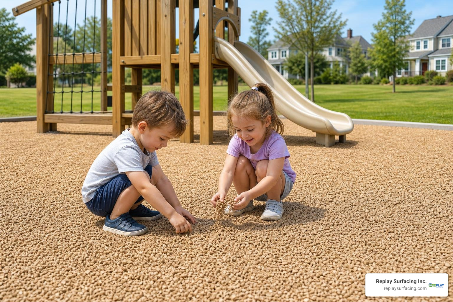 Children playing safely on earthtone rubber mulch in a Raleigh playground