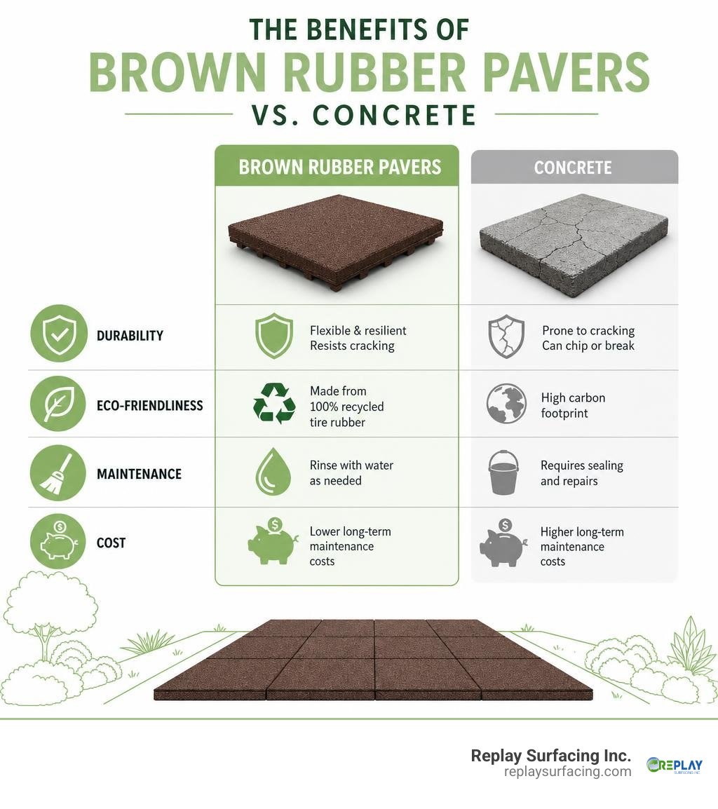 Infographic showing benefits of recycled rubber pavers vs concrete: durability, eco-friendliness, maintenance, and cost