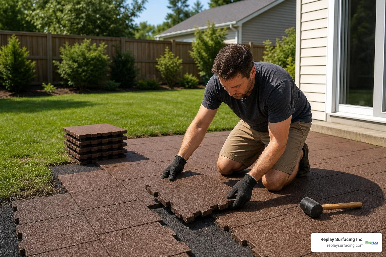 installing interlocking rubber pavers in a backyard patio