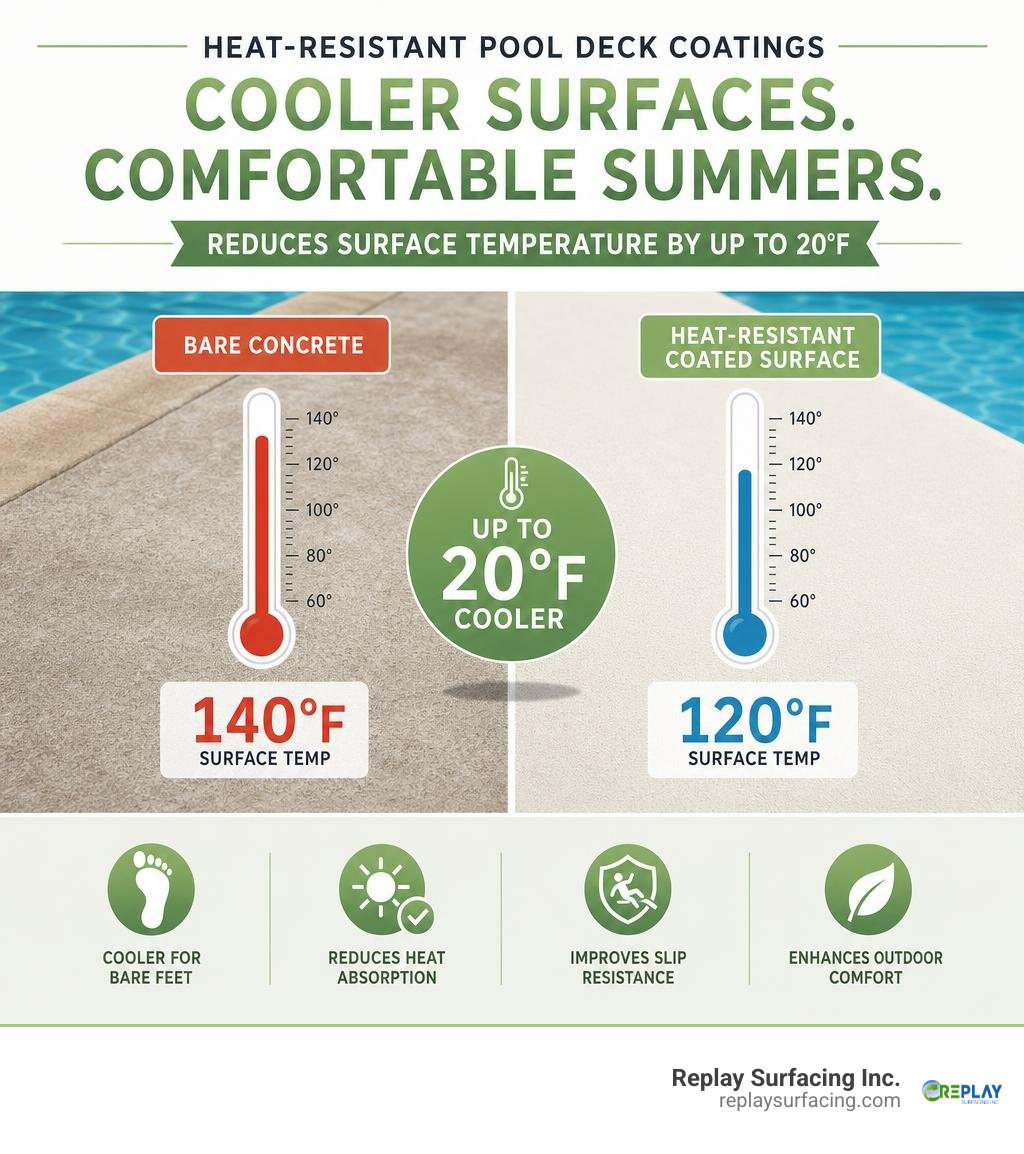 infographic showing how heat-resistant pool deck coatings reduce surface temperature by up to 20 degrees infographic