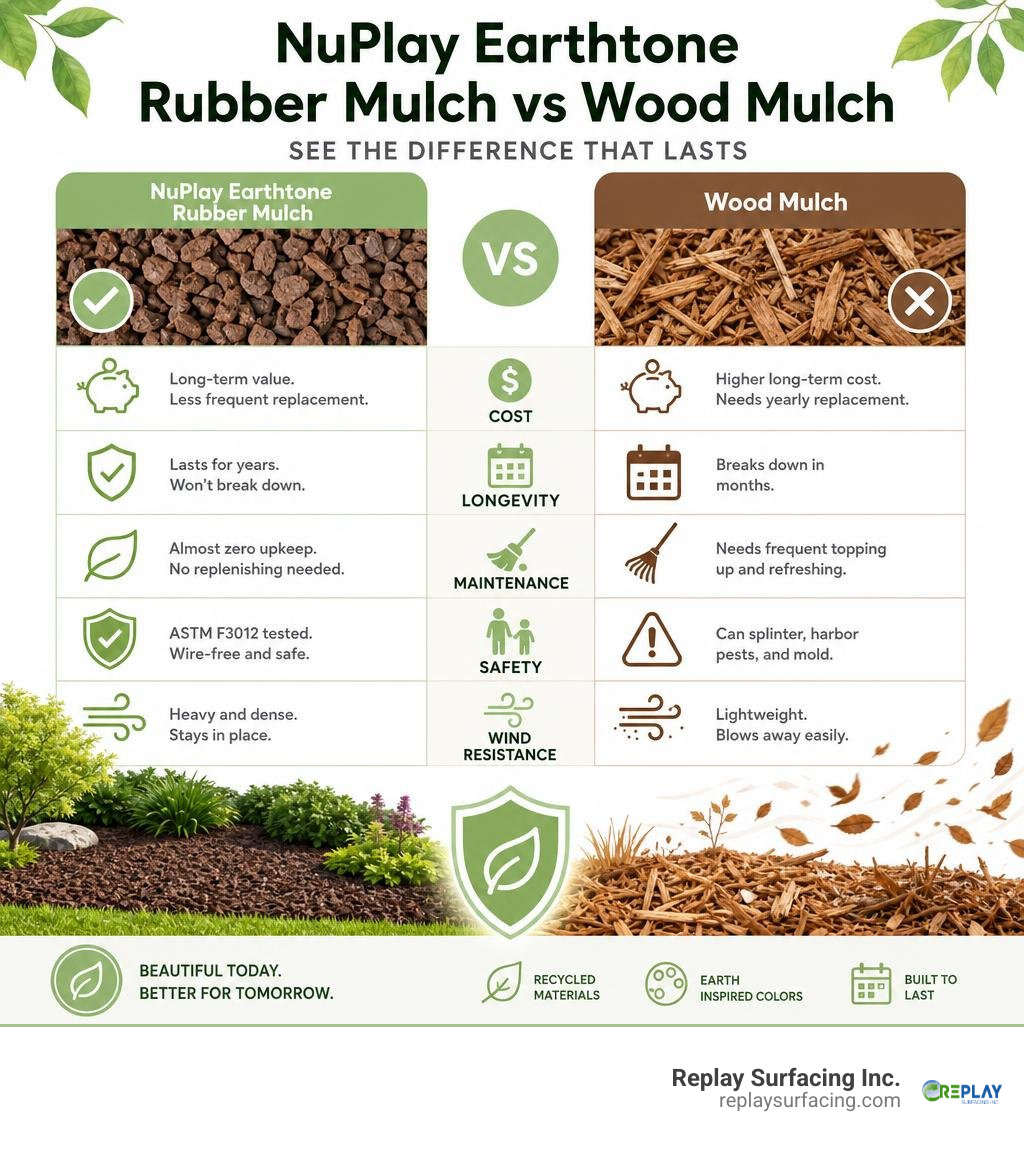 Infographic comparing Earthtone rubber mulch vs wood mulch: cost, longevity, maintenance, safety, and wind resistance
