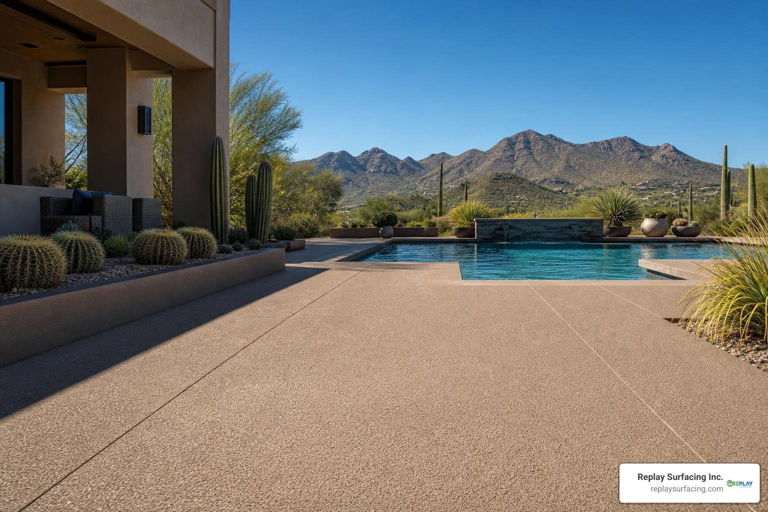beautiful modern pool deck in Tucson Arizona showing the texture of a concrete kool deck