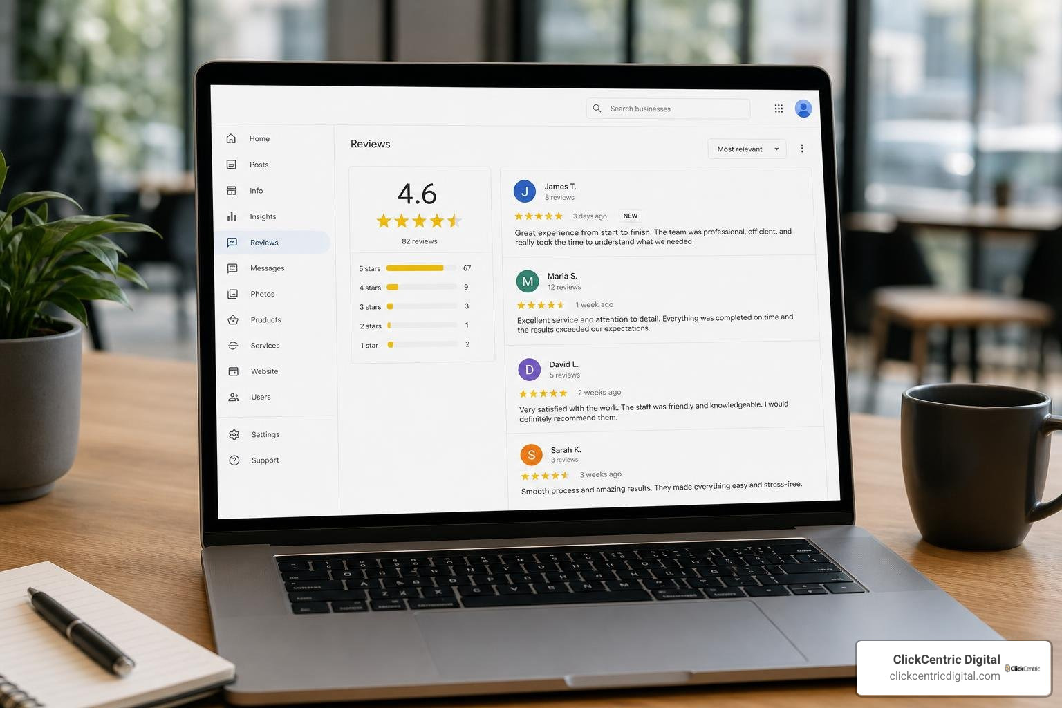 Google Business Profile dashboard showing review section
