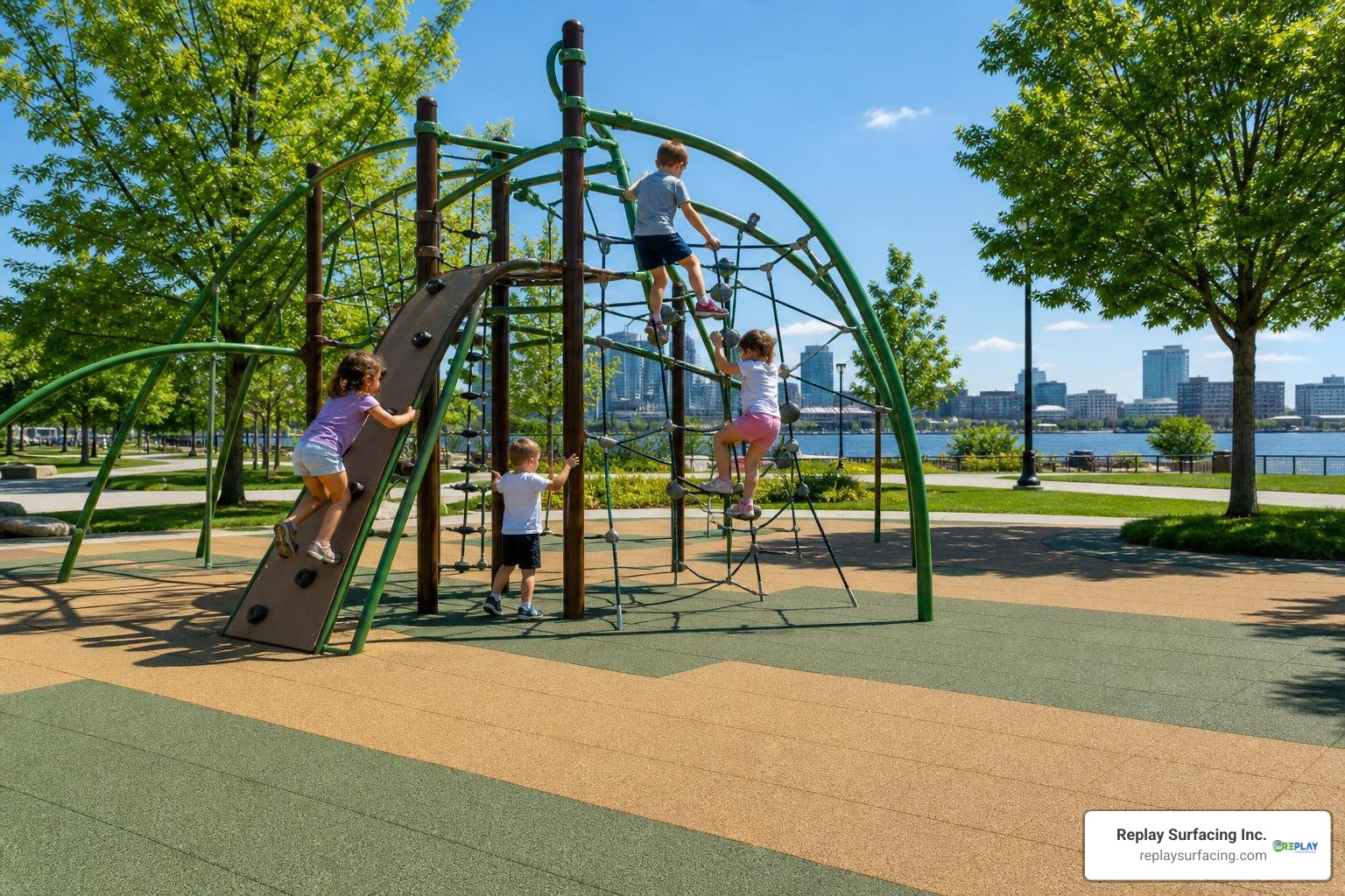 Non-toxic playground tiles installed at a community park in Stamford, Connecticut Non-toxic playground tiles installed at a community park in Stamford, Connecticut