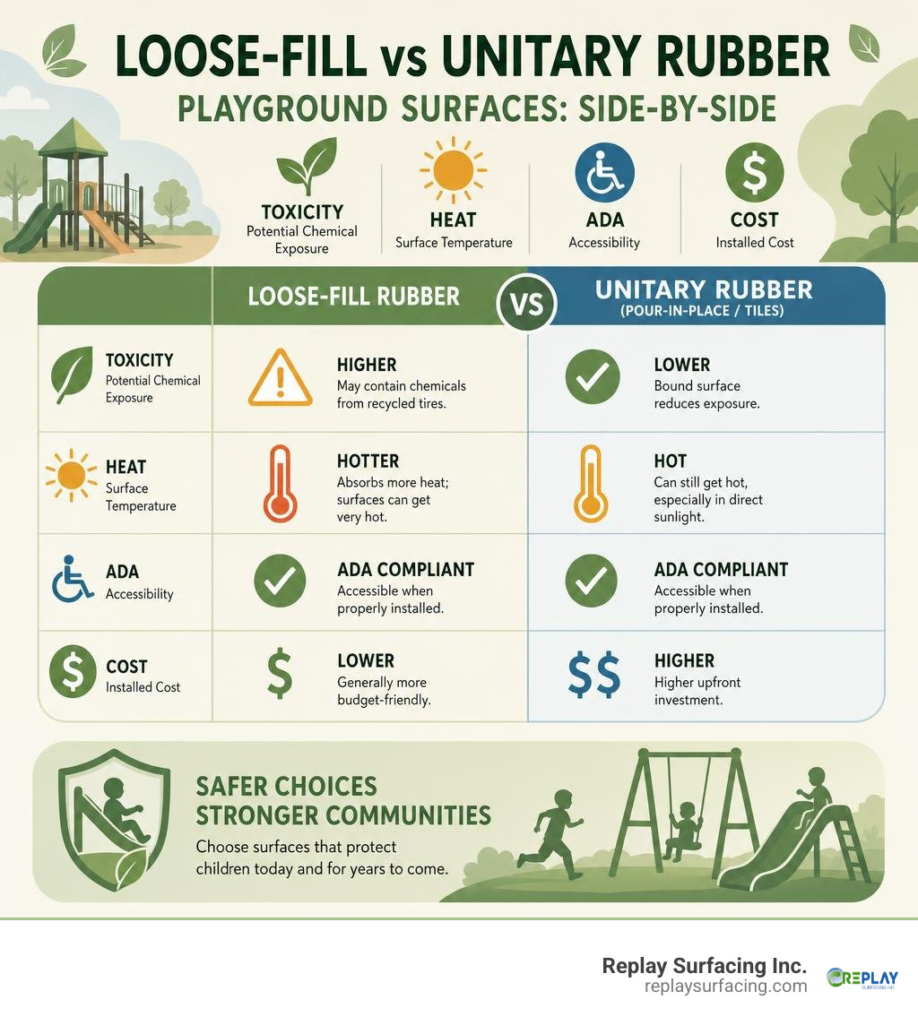 Comparison infographic of loose-fill vs unitary rubber playground surfaces: toxicity, heat, ADA, cost infographic Comparison infographic of loose-fill vs unitary rubber playground surfaces: toxicity, heat, ADA, cost infographic