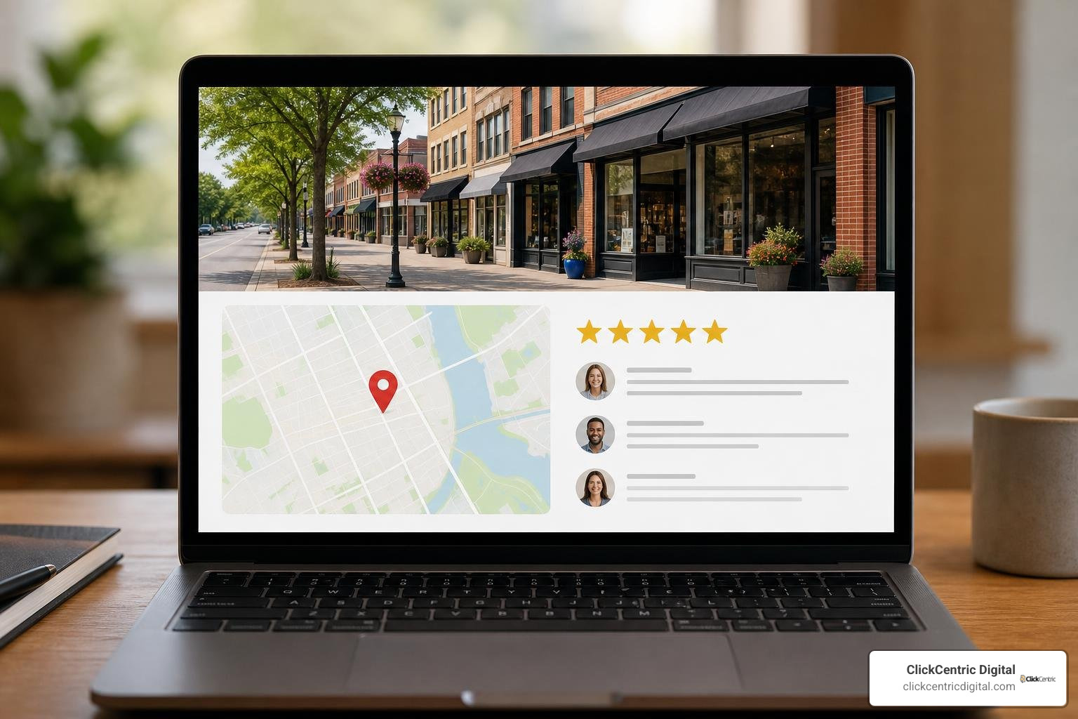 Localized landing page layout showing map, reviews, and unique local content