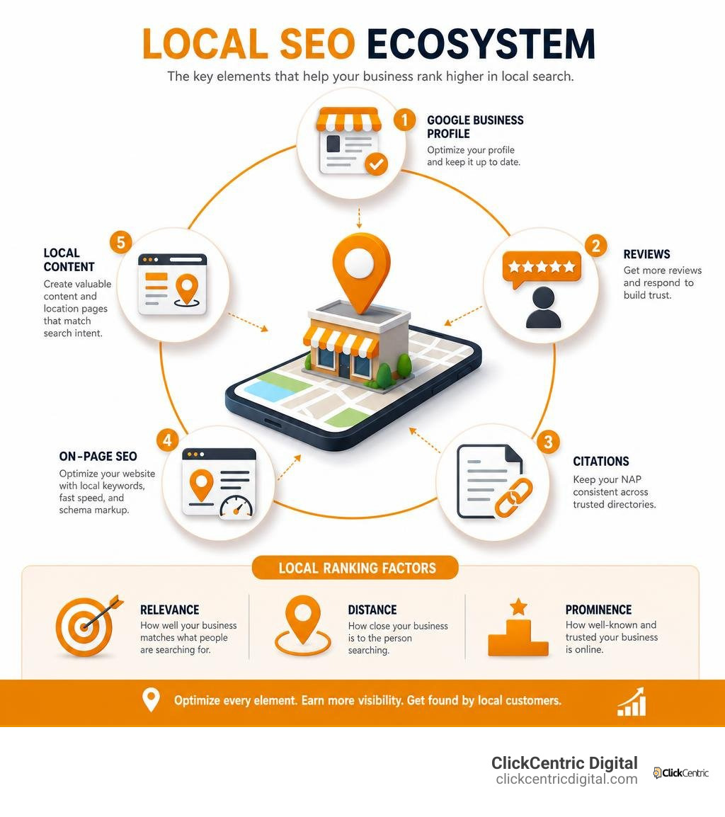 Local SEO ecosystem infographic: Google Business Profile, reviews, citations, on-page SEO, and ranking factors infographic