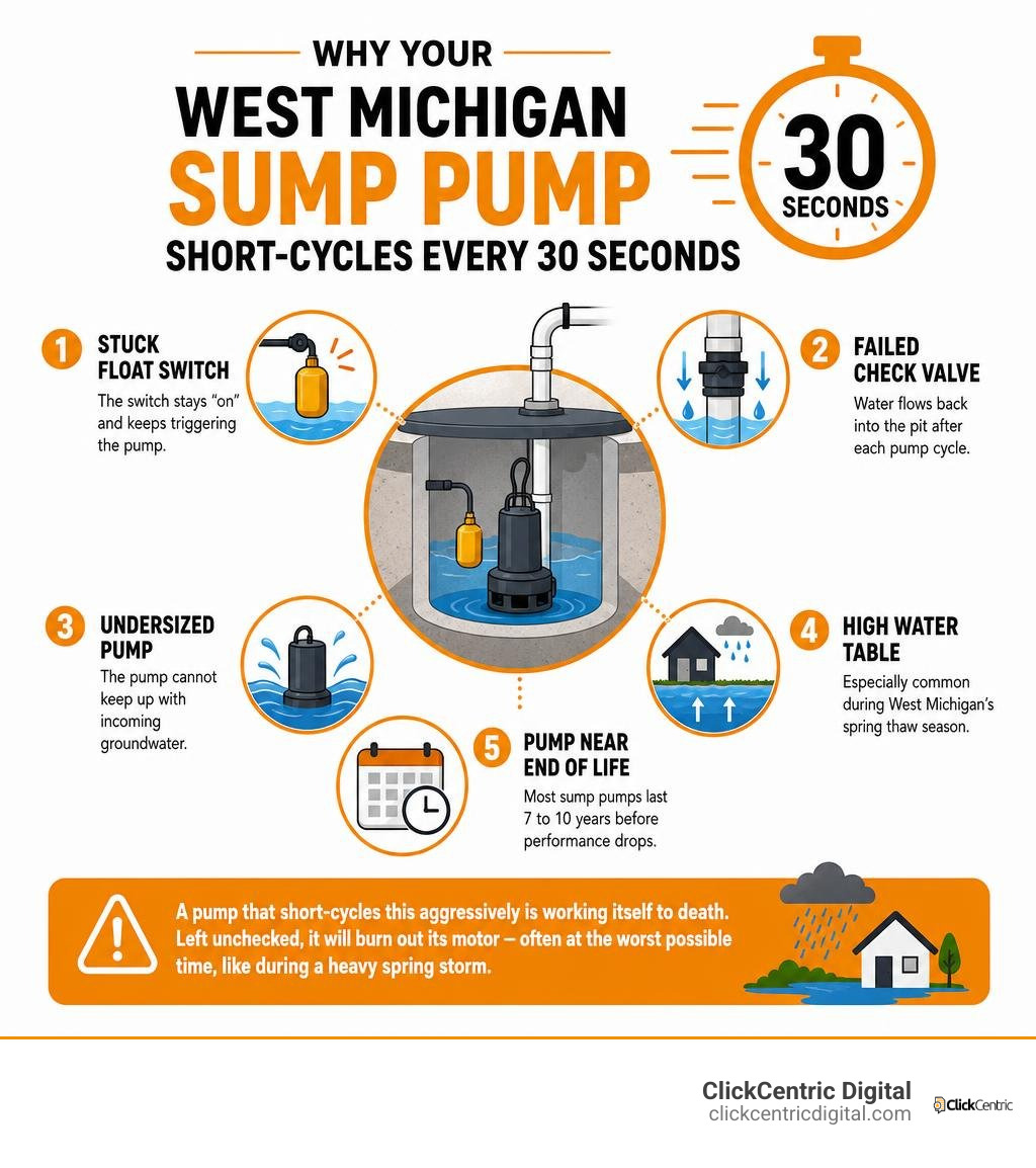 infographic explaining why a West Michigan sump pump short-cycles every 30 seconds infographic