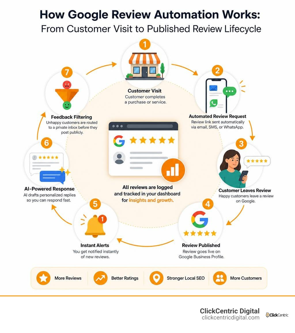 How Google review automation works: from customer visit to published review lifecycle infographic
