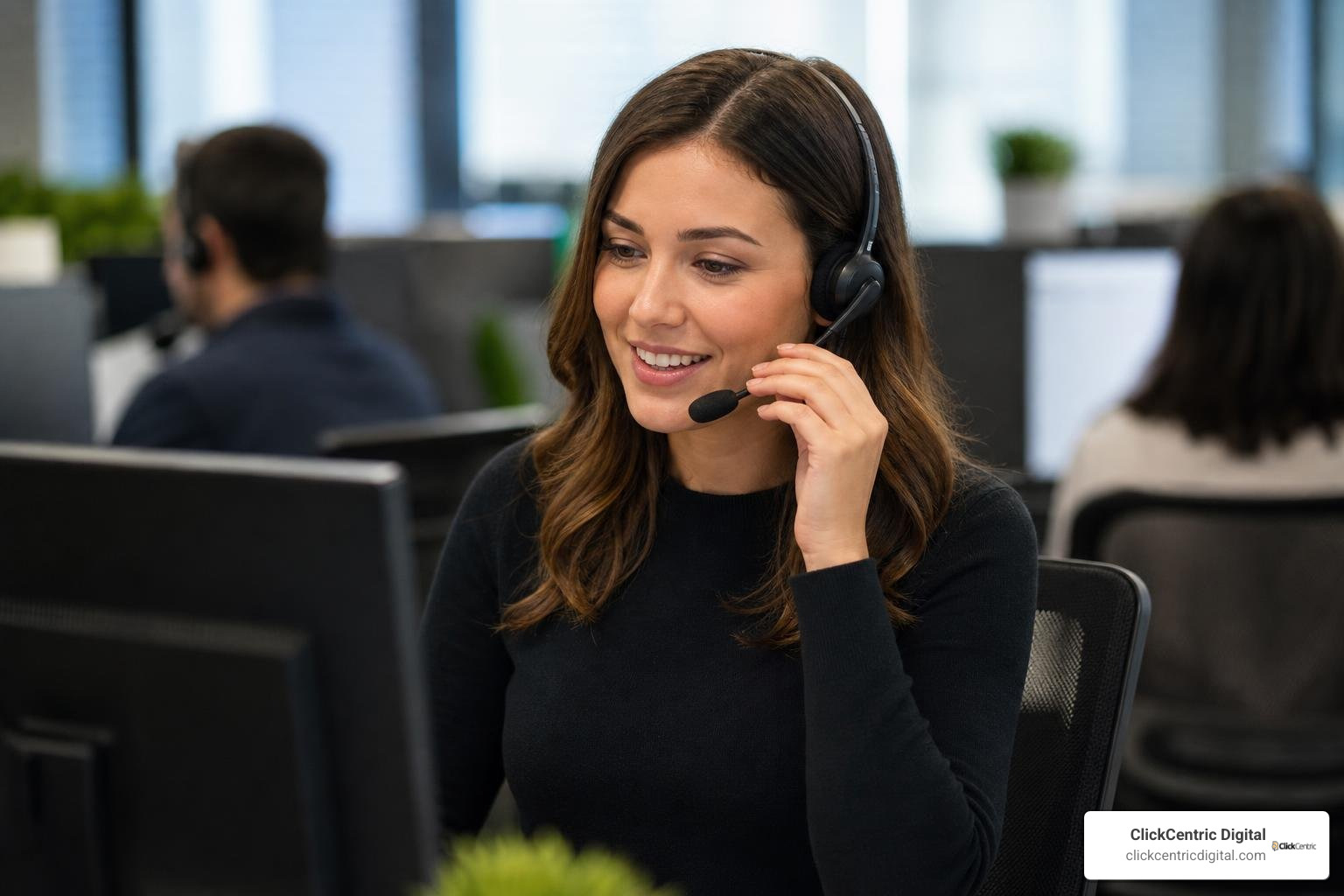 Professional customer support representative calmly resolving a customer issue over the phone Professional customer support representative calmly resolving a customer issue over the phone