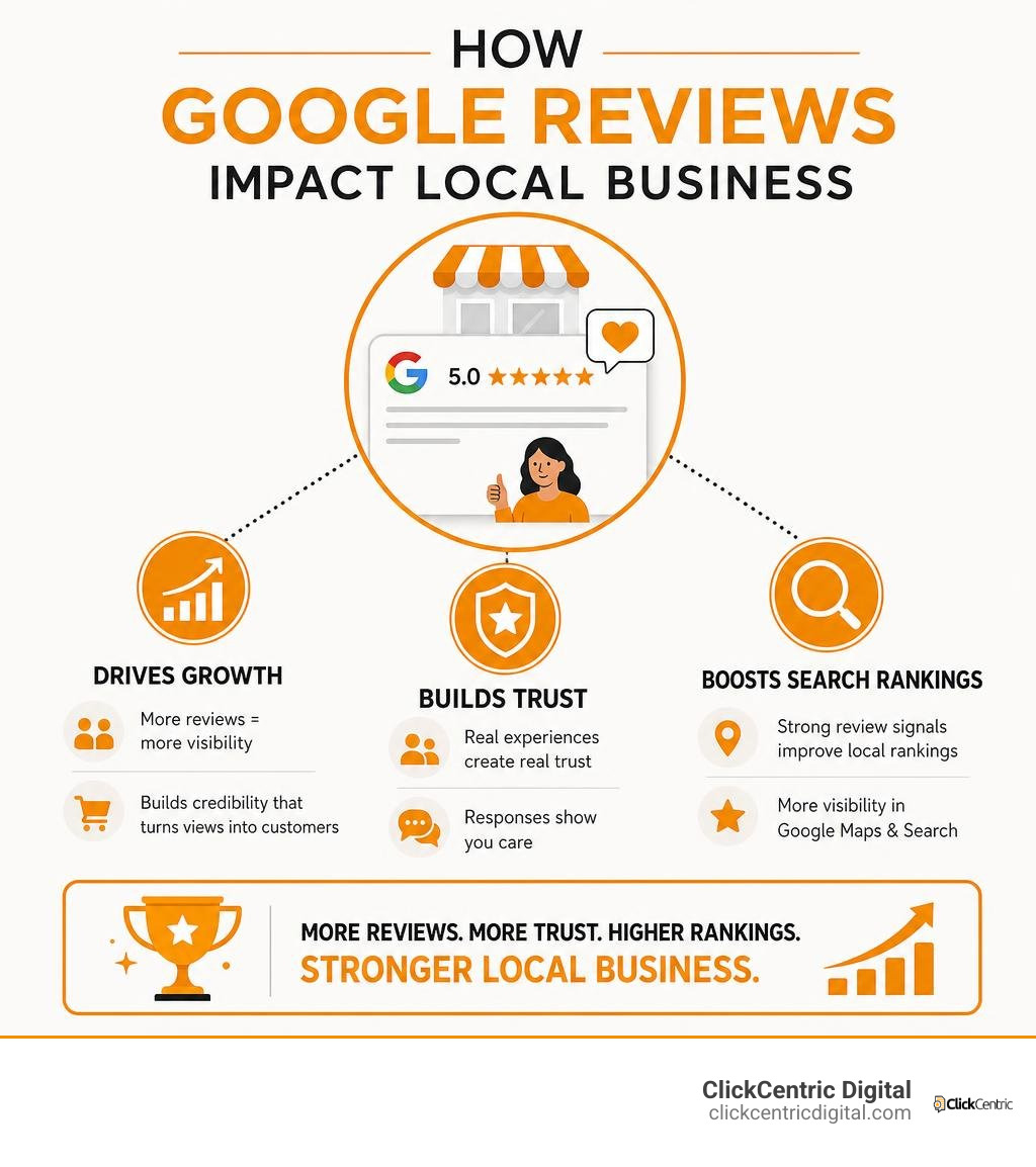 Infographic showing how Google reviews impact local business growth, trust, and search rankings infographic Infographic showing how Google reviews impact local business growth, trust, and search rankings infographic