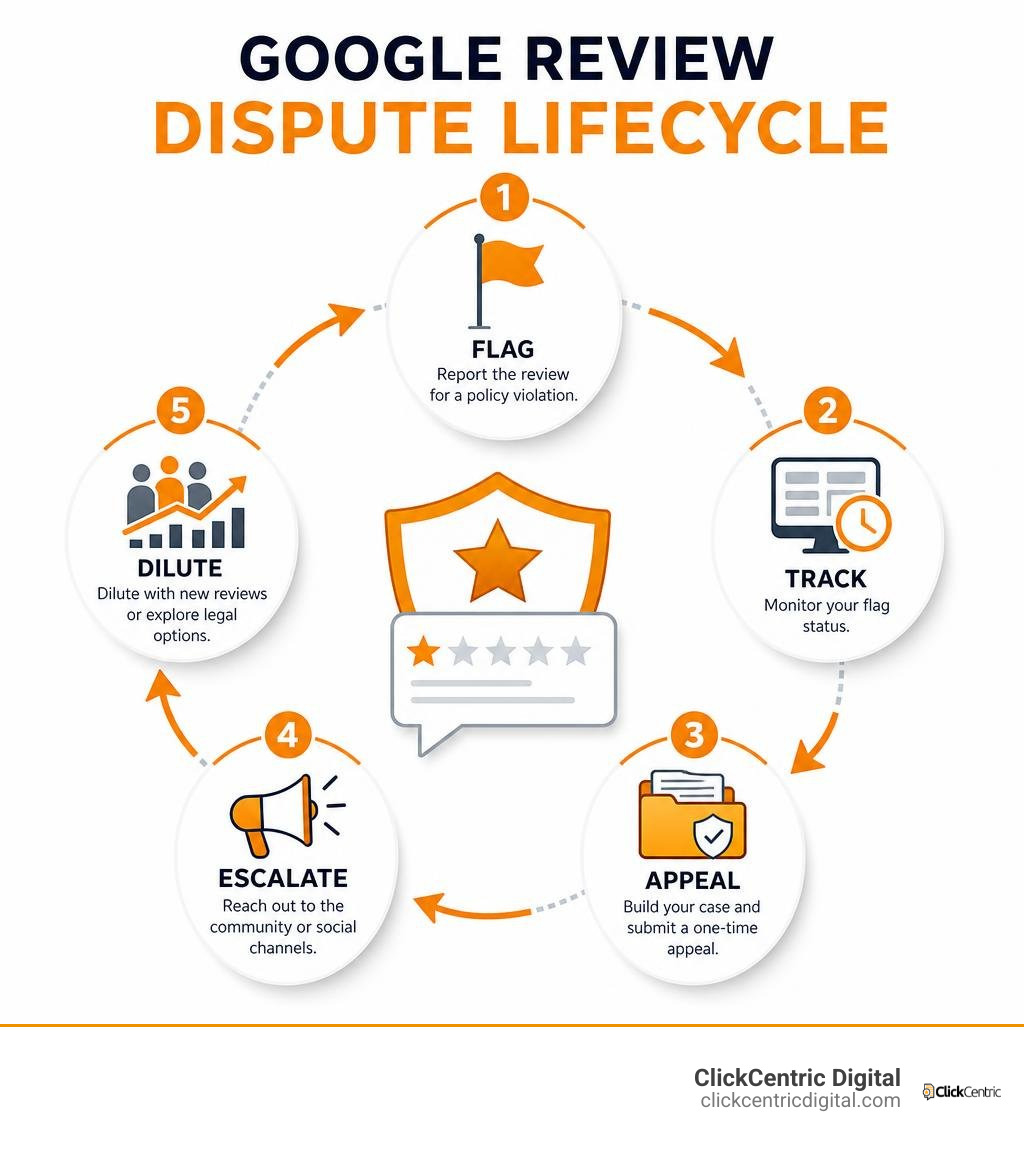 Google review dispute lifecycle infographic: flag, track, appeal, escalate, dilute infographic