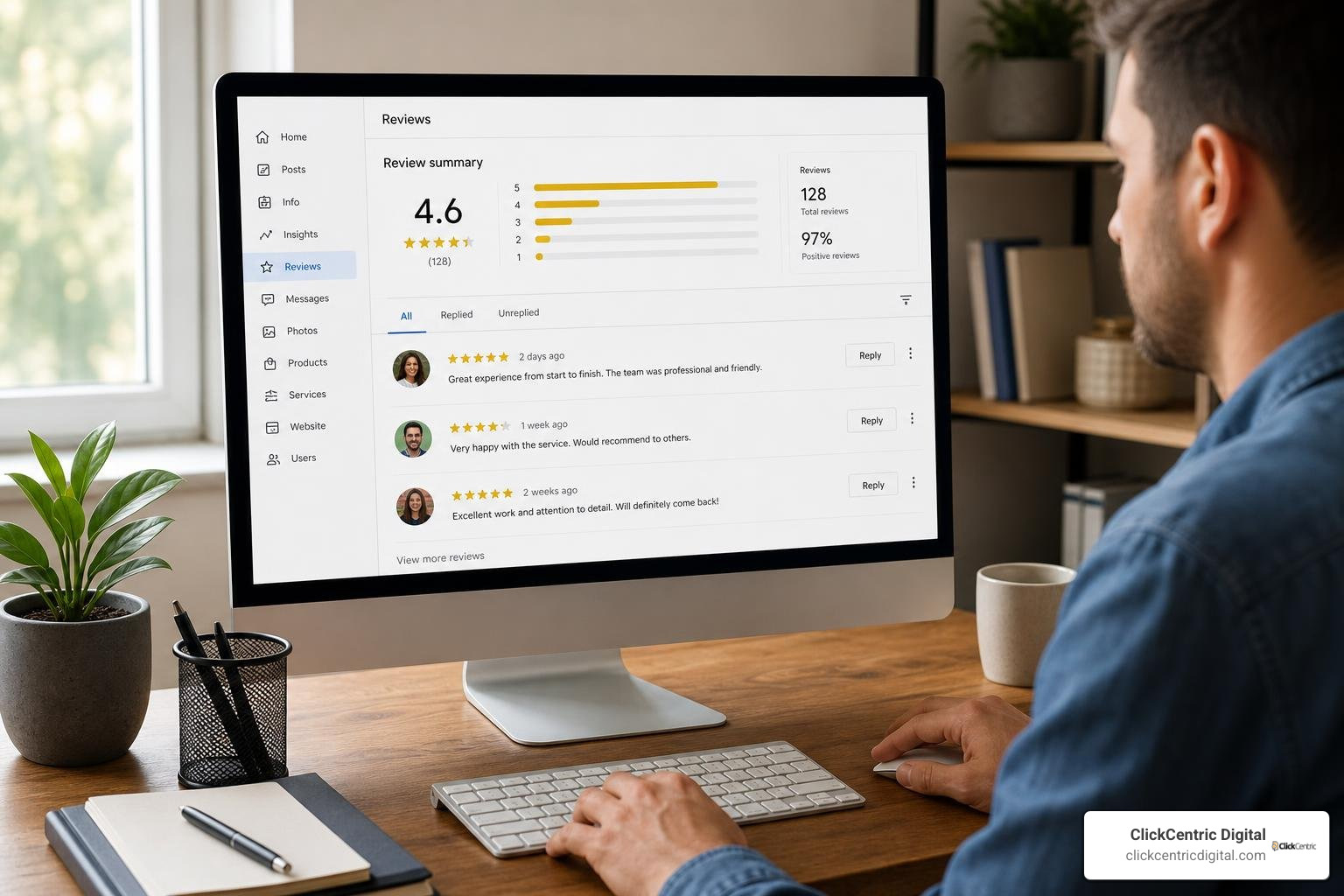 Google Business Profile dashboard showing review management section