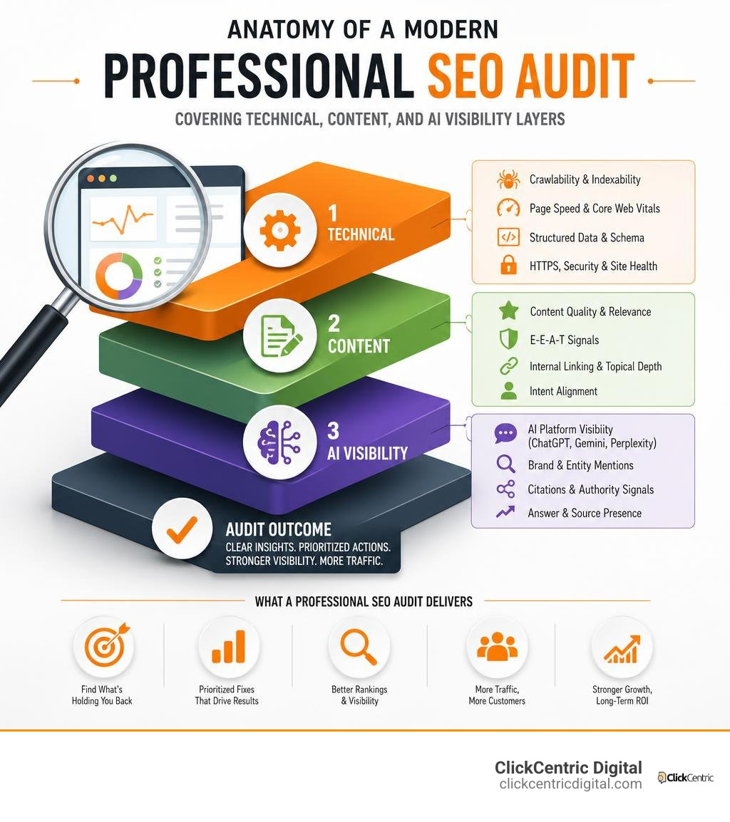 Anatomy of a modern professional SEO audit covering technical, content, and AI visibility layers infographic