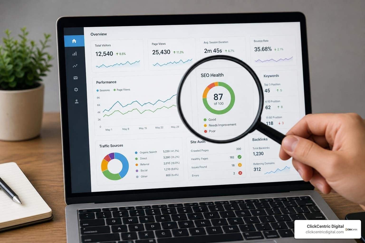 Digital health checkup analyzing organic search performance and business growth