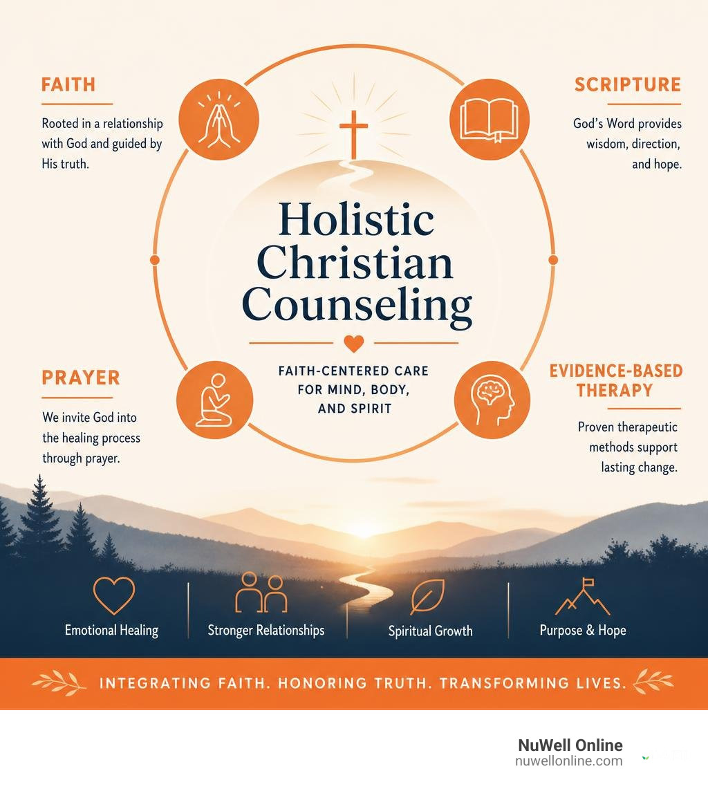 Holistic Christian counseling approach integrating faith, scripture, prayer, and evidence-based therapy infographic