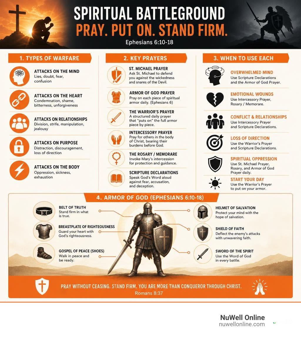 Spiritual battleground infographic: types of warfare, key prayers, armor of God pieces, and when to use each infographic