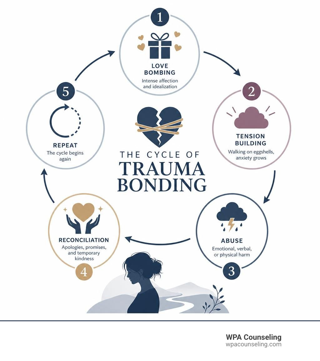 Infographic showing the cycle of trauma bonding: love bombing, tension building, abuse, reconciliation, and repeat